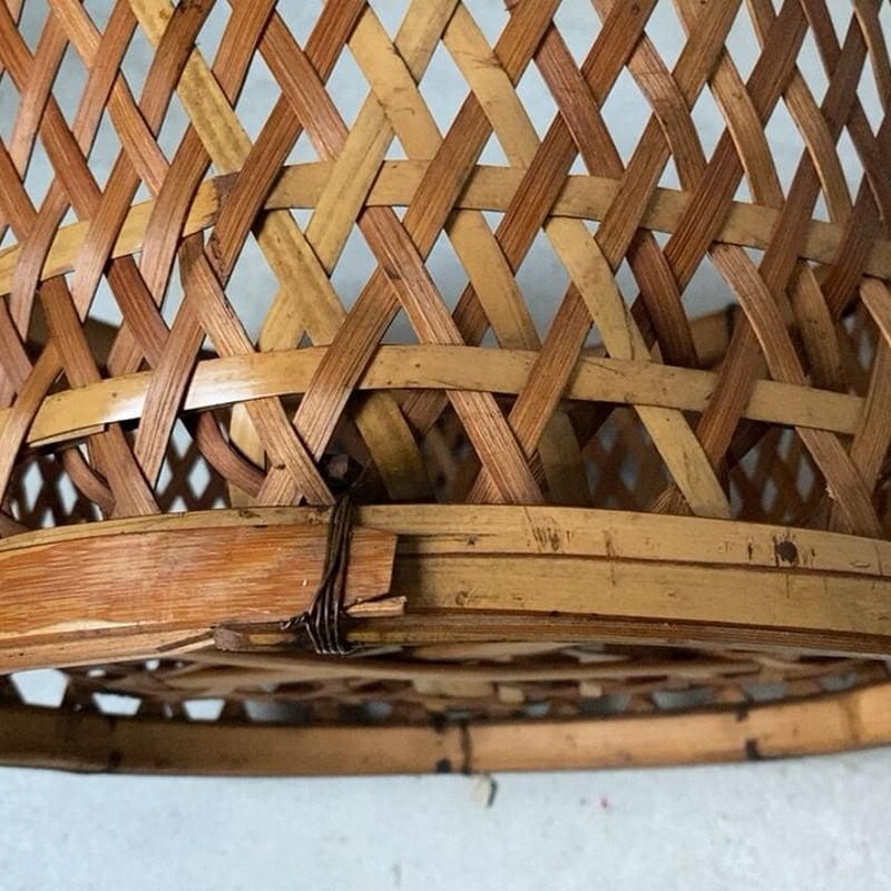 古い高台竹籠 円型 筒型 水切りかご 六つ目編み 小物入れ アンティーク