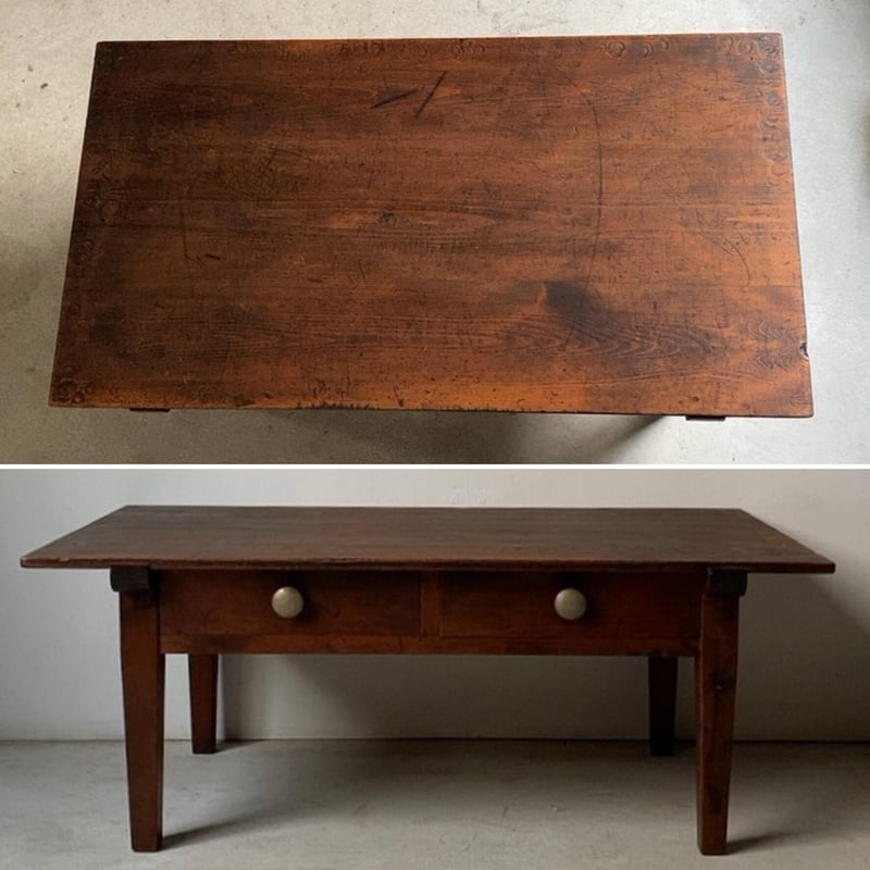古い引出し文机 昭和初期 木製無垢材 2 杯引出し 座卓 風合豊かな木の