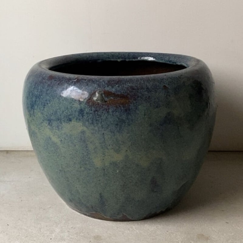 古い大火鉢 幅46cm 海鼠(なまこ)釉 瑠璃釉 深海色 メダカ鉢 睡蓮鉢