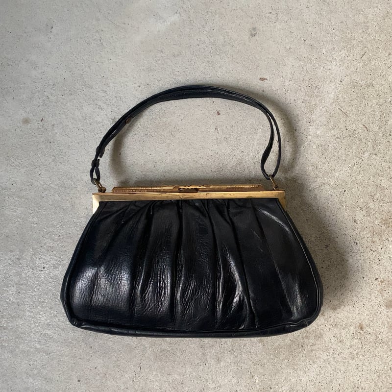 ヴィンテージ パーティバッグ ブラックレザー/真鍮がま口 ギャザー