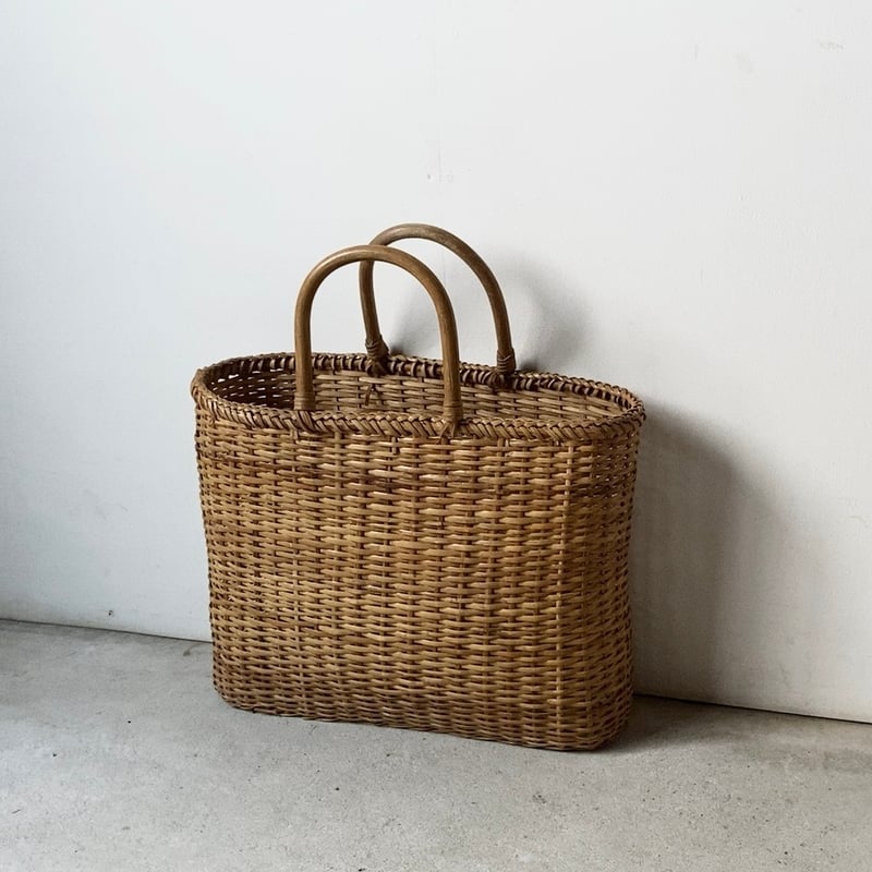 古いトート型編み籠 かごバッグ 竹編み ゴザ編み ジャパンヴィンテージ