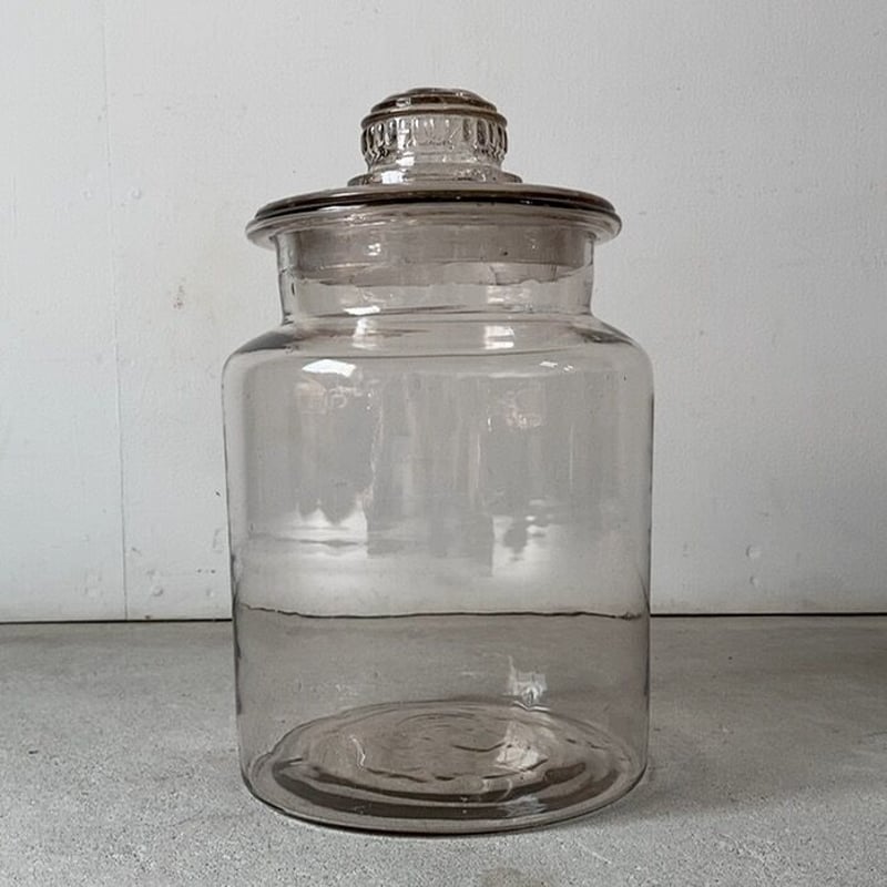 アンティークガラスポット 高さ蓋込30cm5.5L 円柱型蓋付 古い硝子の