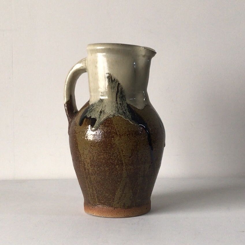 益子焼 村田元 柿黒釉 把手壺 木製箱付き 花器、ピッチャー 益子焼