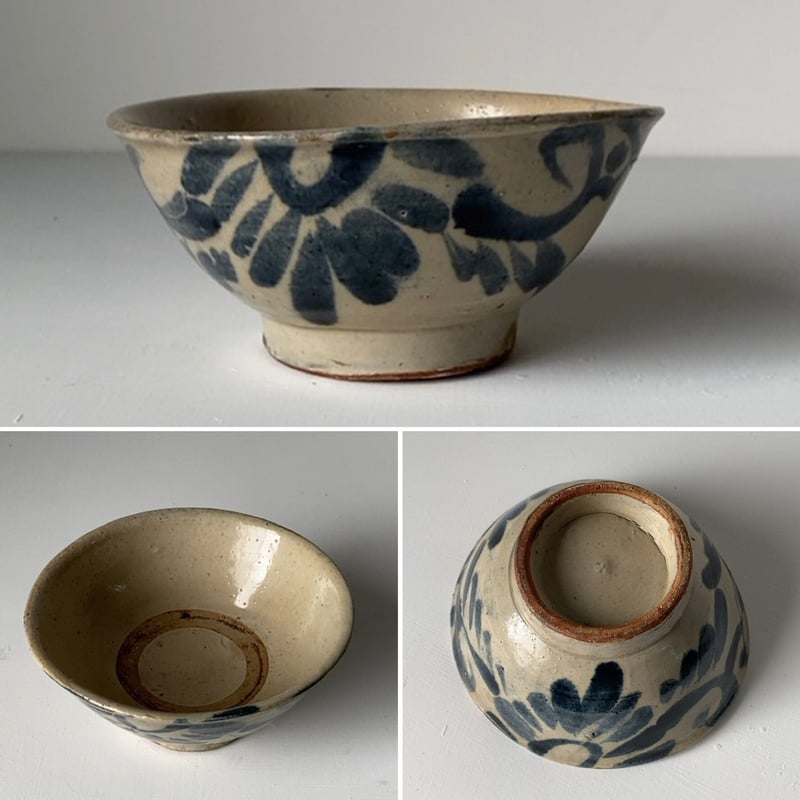 A 古琉球 やちむん 4.5寸マカイ 古作 登窯 花唐草 呉須色 沖縄 焼物