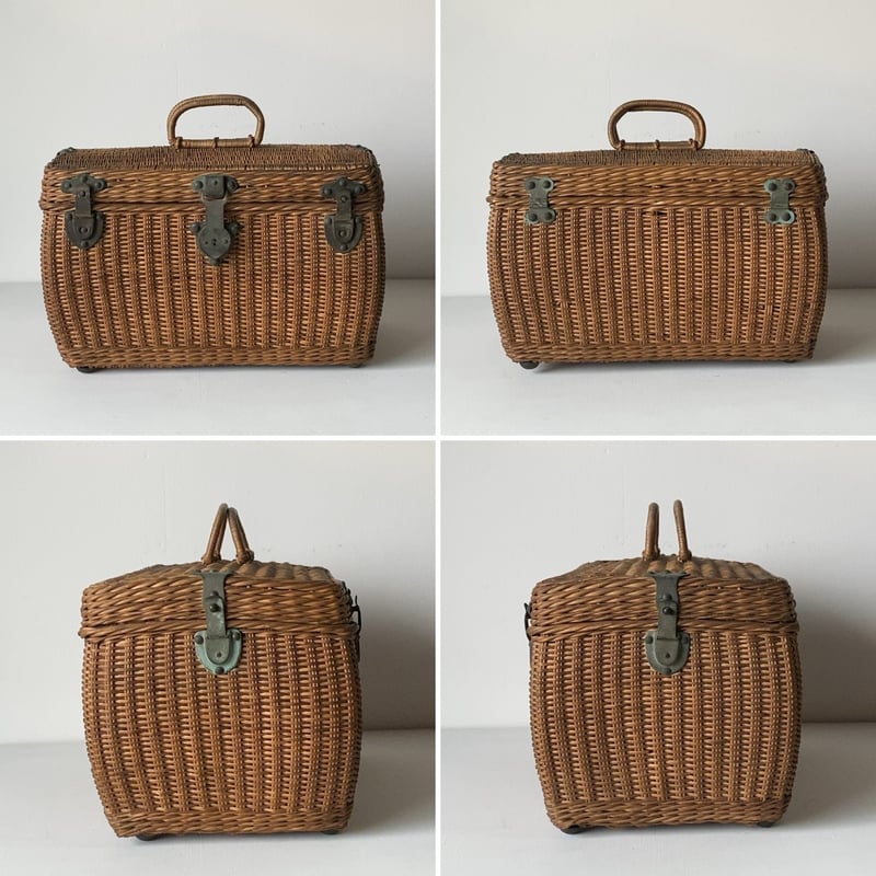 古い日本製バスケット ラタン製 5ロック金具 籐巻き持ち手 ジャパン