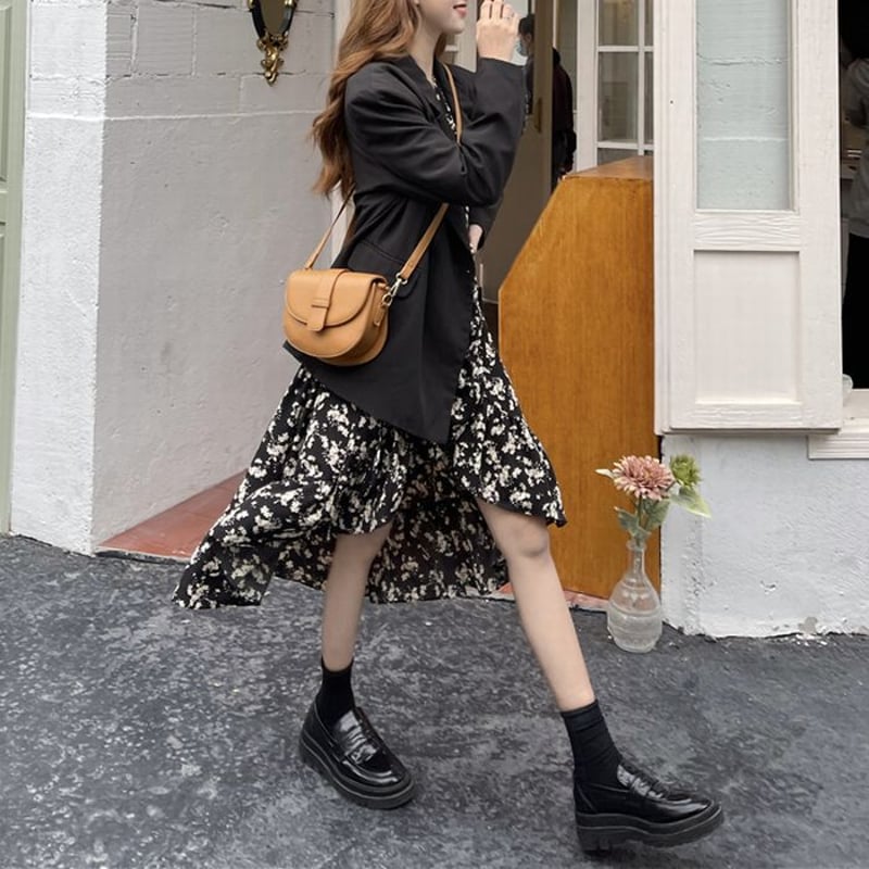 花柄 ワンピース 不規則デザイン 羽織 薄手 シフォン ハイウエスト