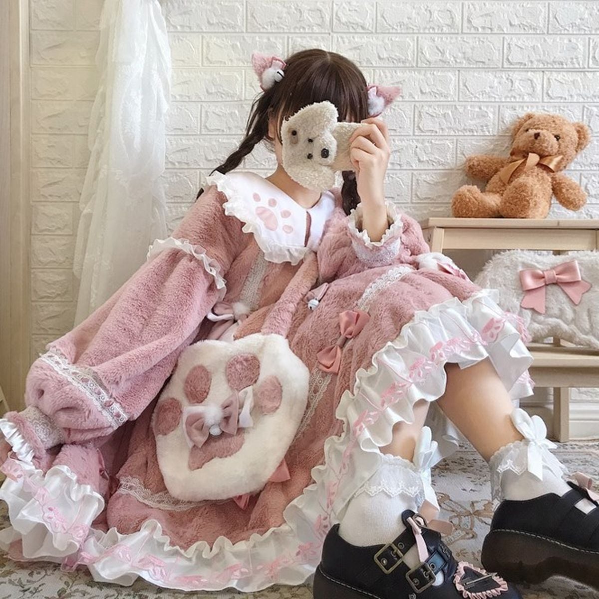 甘ロリホイップ千鳥柄×しろねこ】おすわりぬい服 16cm 甘ロリホイップ