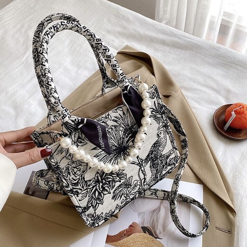トワルドジュイ柄 パールハンドバッグ ショルダーバッグ スカーフ付き
