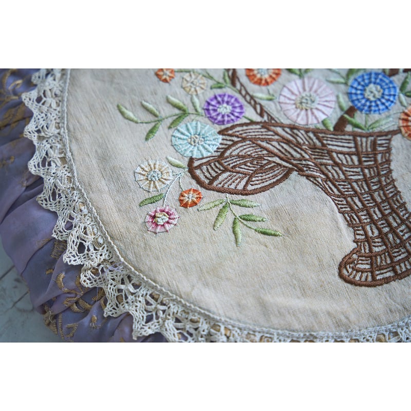 フランスアンティーク クッション 花籠 アンティーククッション 花柄