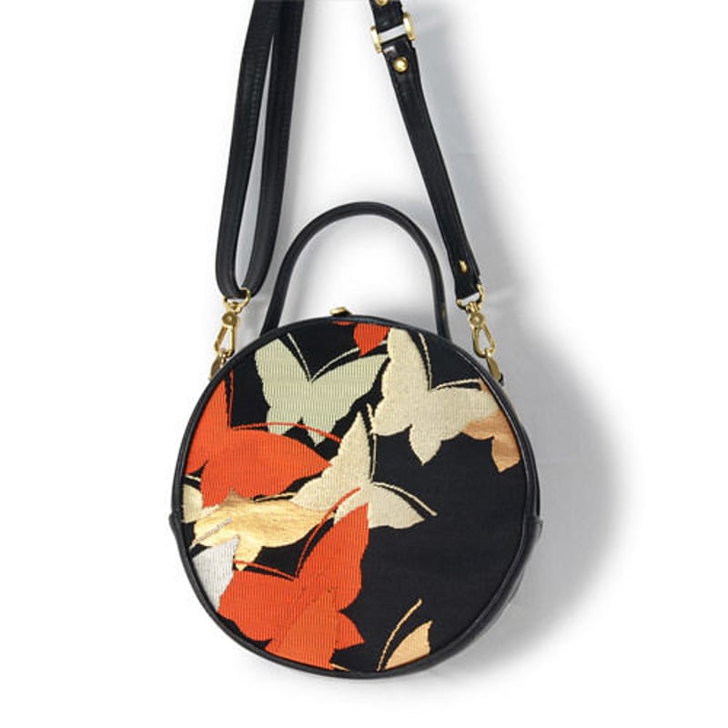 和柄レザーラウンドバッグ 蝶 帯リメイクバッグ 本革 | 和柄レザー