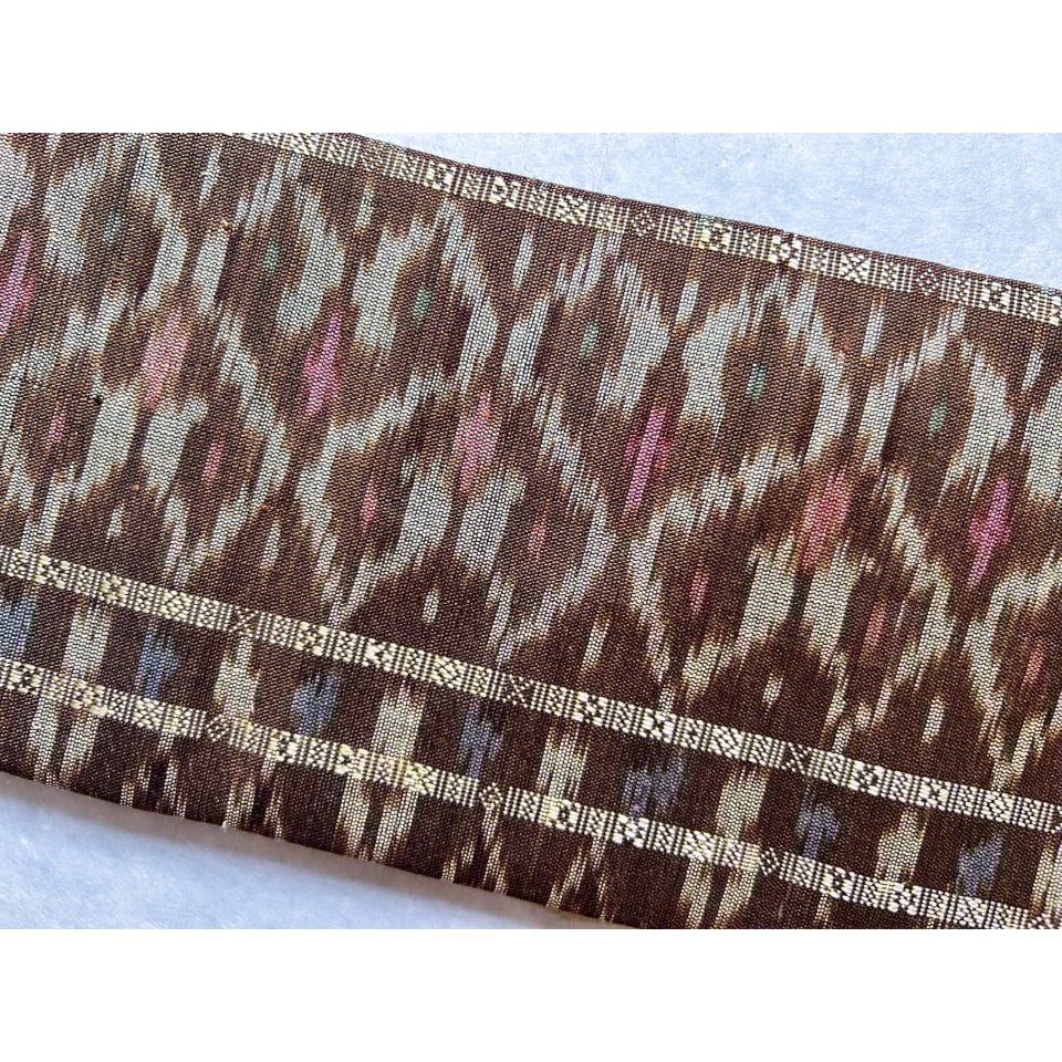 ラオスシルク 九寸名古屋帯 黄枯茶色に縫取り織り（仕立て上り