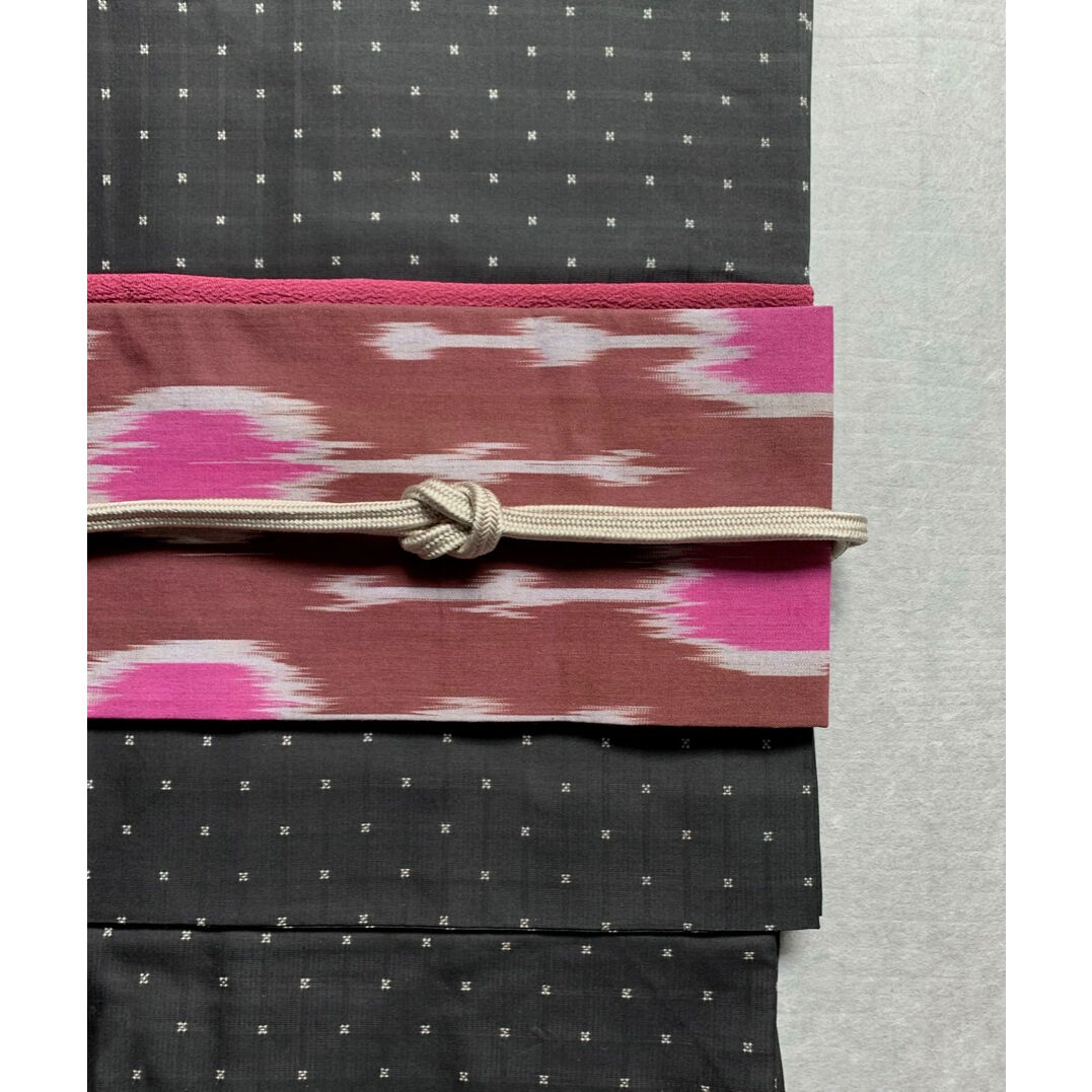 ウズベキスタン絣 木綿九寸名古屋帯 葡萄茶×躑躅色（仕立て上り