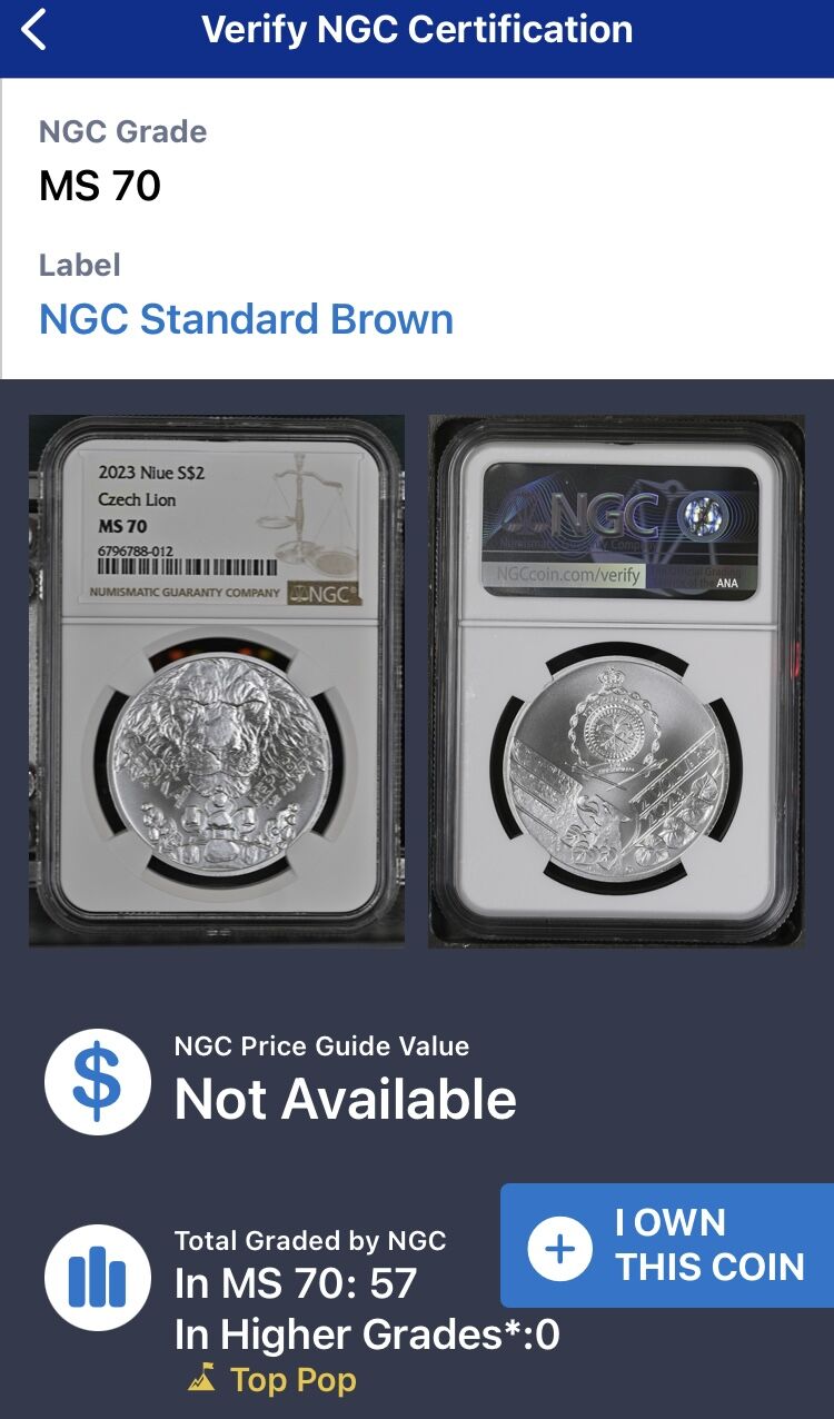 最新2023年のNGC鑑定MS70】ニウエ チェコのライオン ボヘミア 1オンス