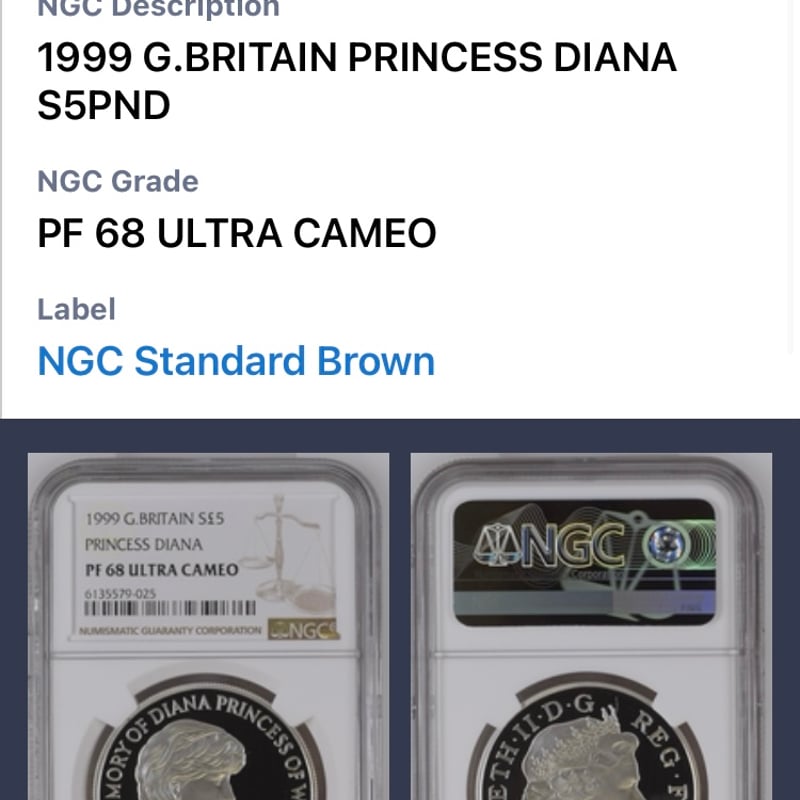 NGC鑑定PF68UC 1999年 イギリス ダイアナ妃追悼祈念 5ポンド銀貨