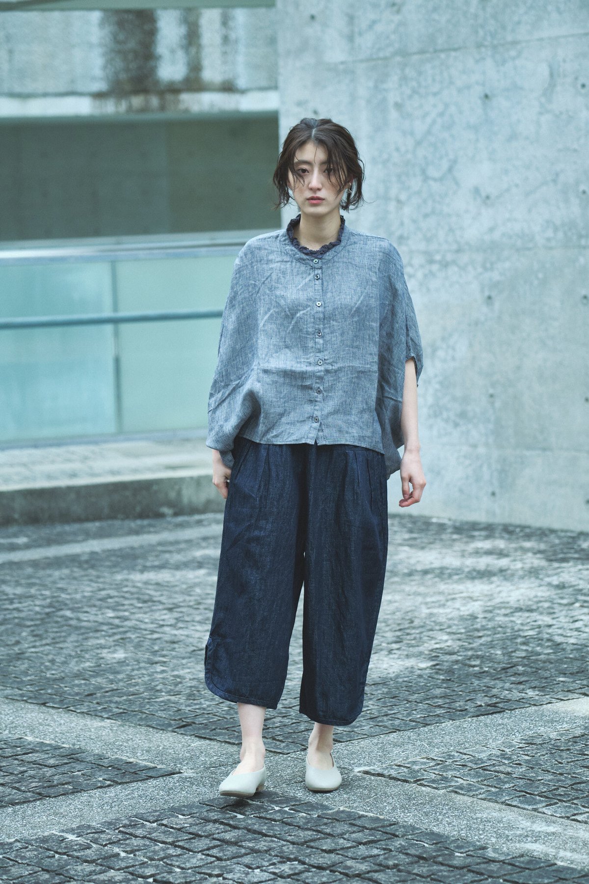 麻綿インディゴデニム 裾変形ラウンド型 ボールパンツ ○ub21-0308