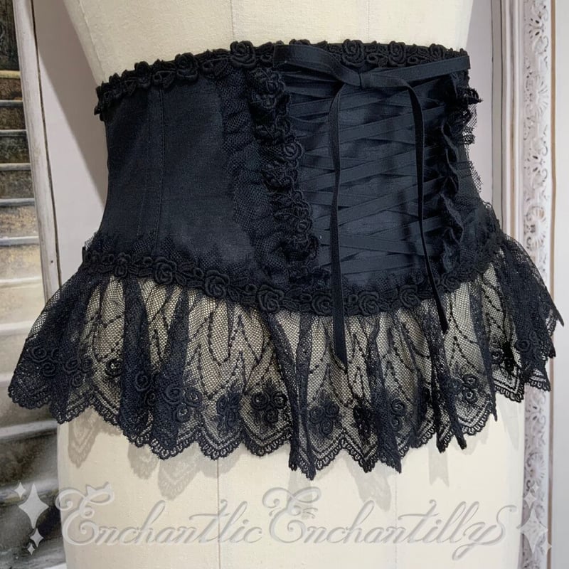 チュールレースリボンコルセット（黒×黒レース）ループ編み上げタイプ