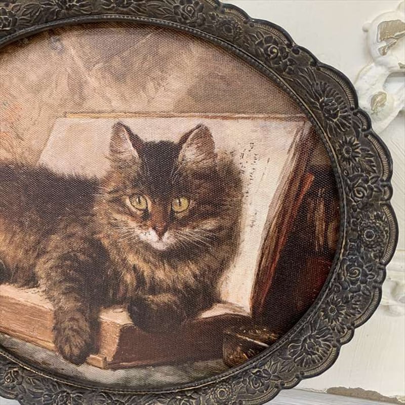 猫と本 クラシック 壁掛 絵 額絵 ラウンド 楕円 | 世界の猫祭コチ