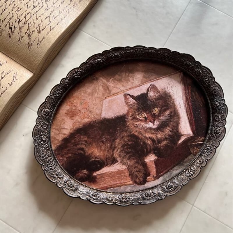 猫と本 クラシック 壁掛 絵 額絵 ラウンド 楕円 | 世界の猫祭コチ