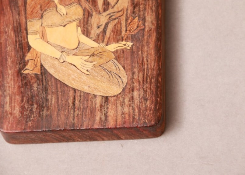 レトロ/木象嵌/神/鹿/木工/寄木/木画/種板/ヴィンテージ/インド/寄木