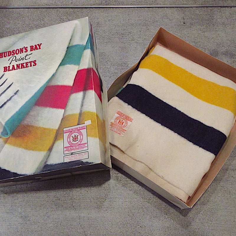 ビンテージ○HUDSON'S BAYマルチボーダーウールブランケット箱付き