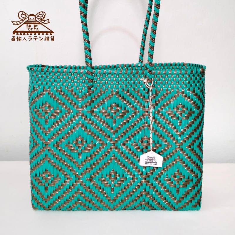 お花柄メルカドバッグ(S)エメラルドグリーン×ゴールド（送料込み