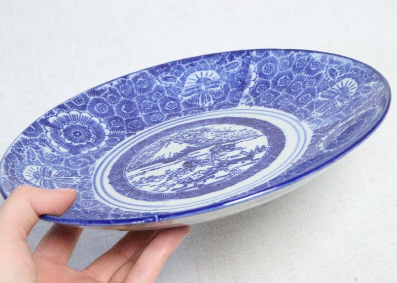 染付 銅版 転写 印判 皿 大皿 明治 図変わり 骨董品 美濃窯 瀬戸 染付