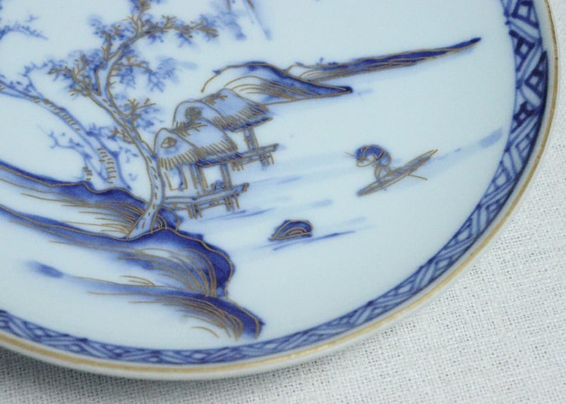 明治前期九谷焼金彩染付山水図通り物6寸皿 | 吉祥寺PukuPuku