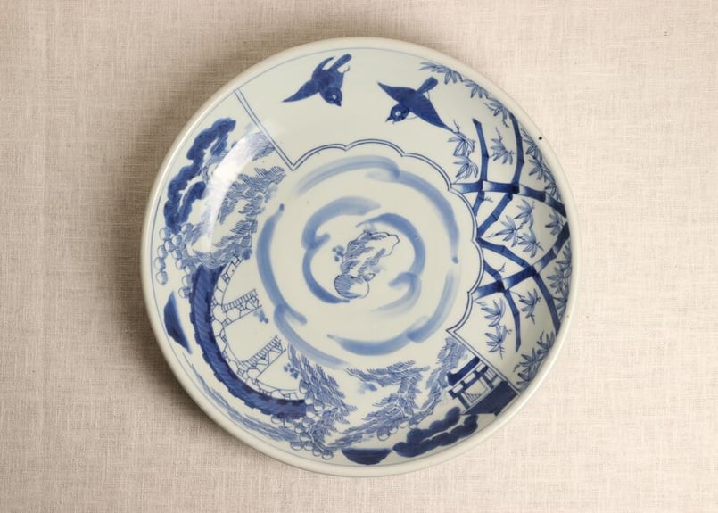 江戸幕末染付竹林雀と山水図尺皿 | 吉祥寺PukuPuku