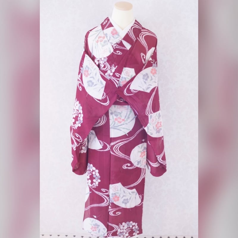 赤 うちわ柄 夏草 アンティーク絽着物 | 凍蝶