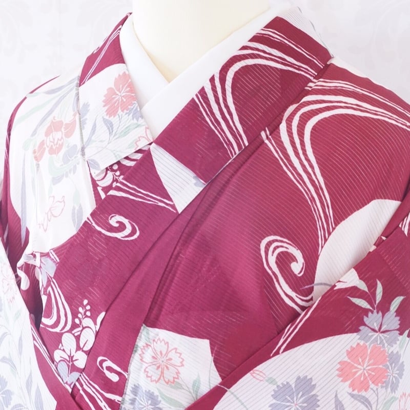 赤 うちわ柄 夏草 アンティーク絽着物 | 凍蝶