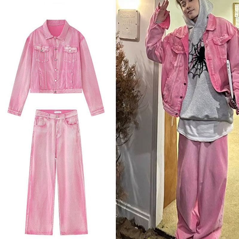 セットアップ】ピンクデニム ジャケット＋ストレートジーンズ