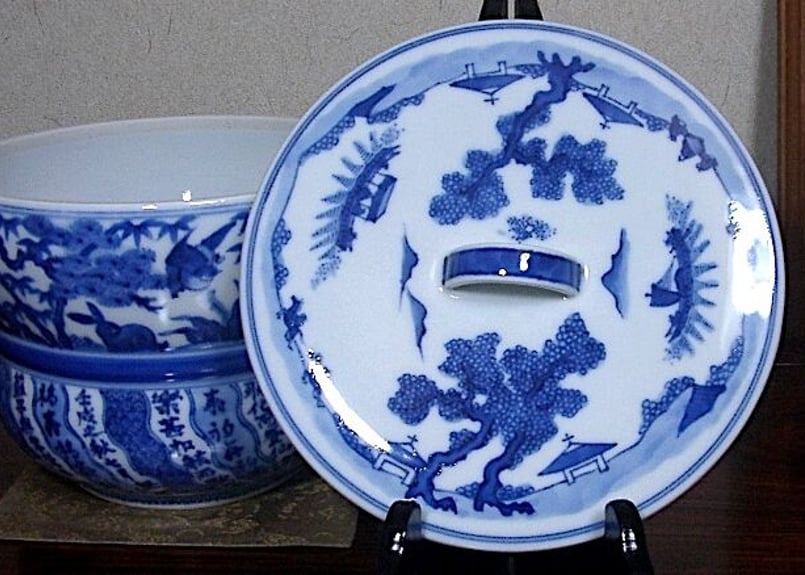 京焼・清水焼 大丸北峰（初代）作 祥瑞手 水指No2 青華松竹梅図