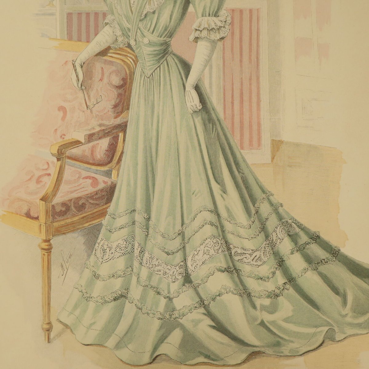 A008【版画複製版】フランスアンティーク 貴婦人 ファッション誌『La