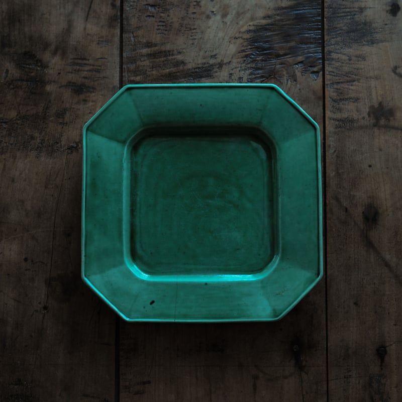 19世紀 珉平焼 無地緑釉隅切角皿 / 江戸幕末 | tsuchika