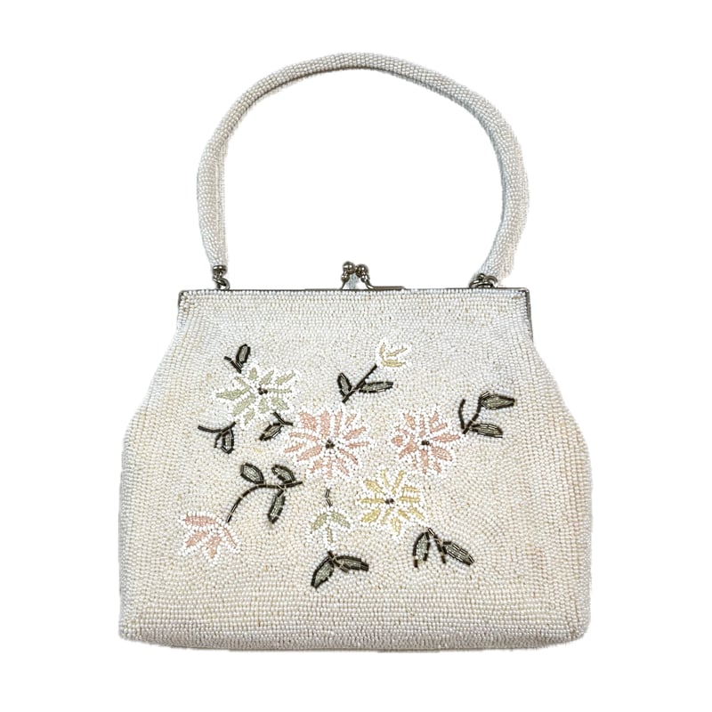 昭和レトロ ヴィンテージ 総ビーズバッグ 白 花模様刺繍 | ルゴワ屋