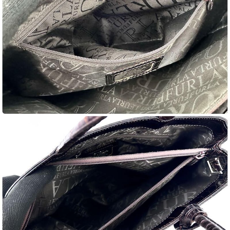 フルラ クロコ型押し ハンドバッグ ダークブラウン ビジネス