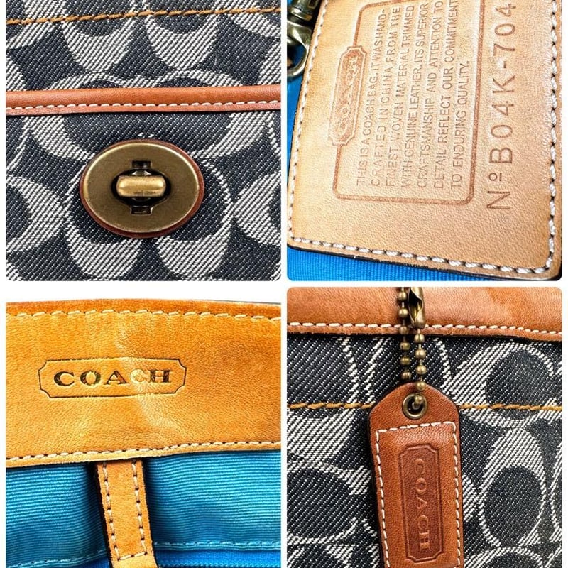 コーチ デニム ハンドバッグ ターンロック シグネチャー ネイビー 茶