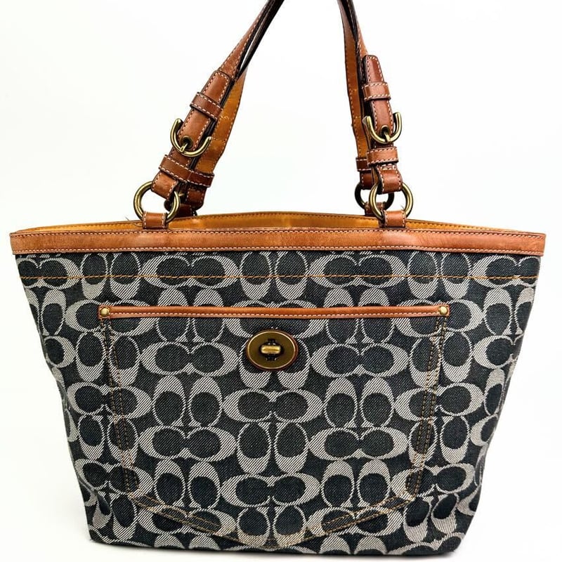 コーチ デニム ハンドバッグ ターンロック シグネチャー ネイビー 茶