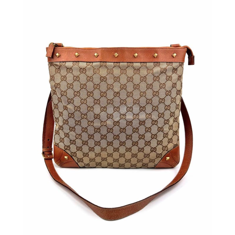 グッチ GGキャンバスレザー ショルダーバッグ ブラウン 茶系 スタッズ
