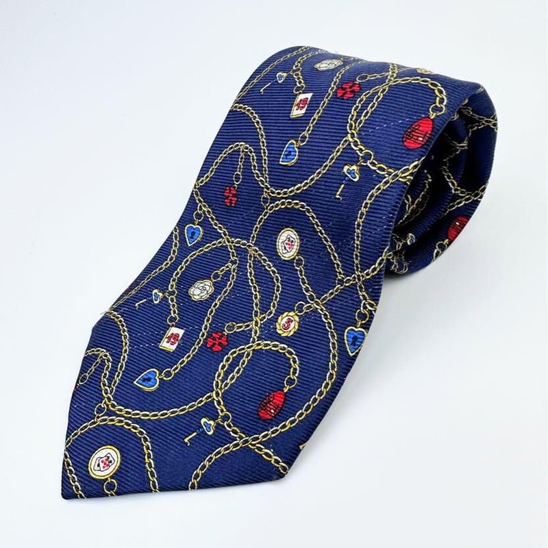 CHANEL シャネル シルク100% カメリア チェーン付き ネクタイ 青系