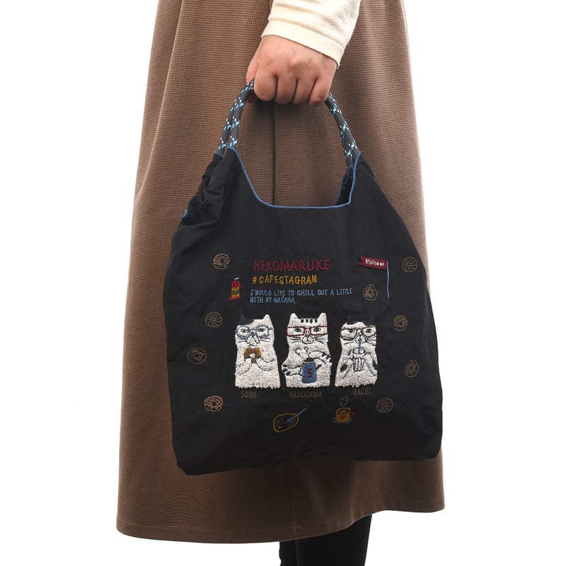 24-7149 撥水加工 刺繍ワッシャーバッグMサイズ ネコまるけ柄