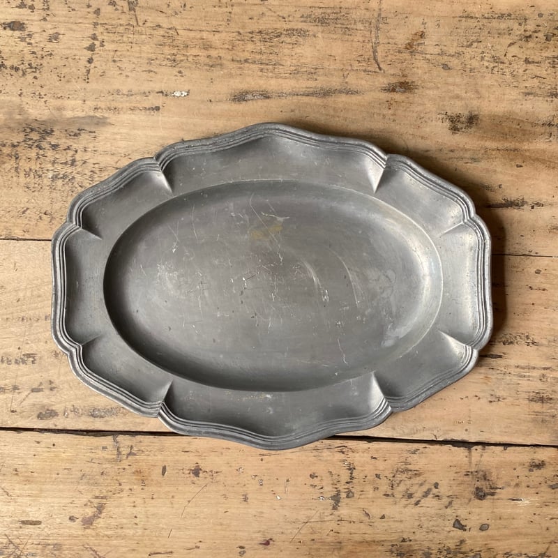 ピューター 花リムオーバルプレート 26.5cm フランスアンティーク ⑳