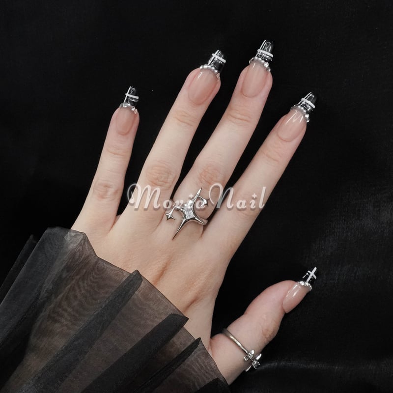 黒214XS⋈ブラックチェック柄量産型地雷系大人シンプルフレンチネイル