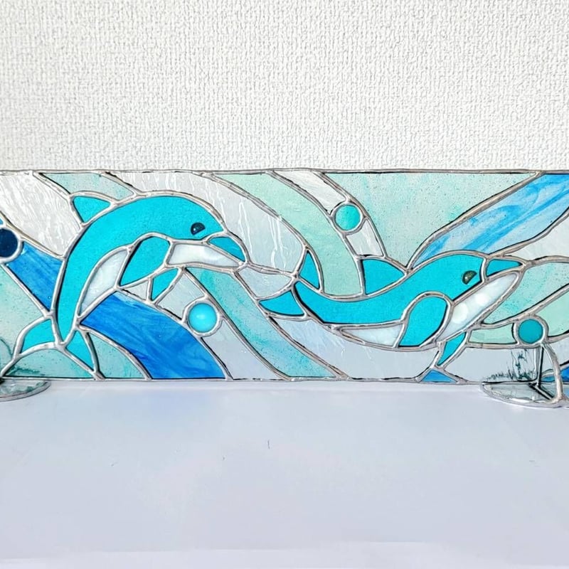 ステンドグラス パネル 立て掛け 「イルカのカップル ☆海のパネル