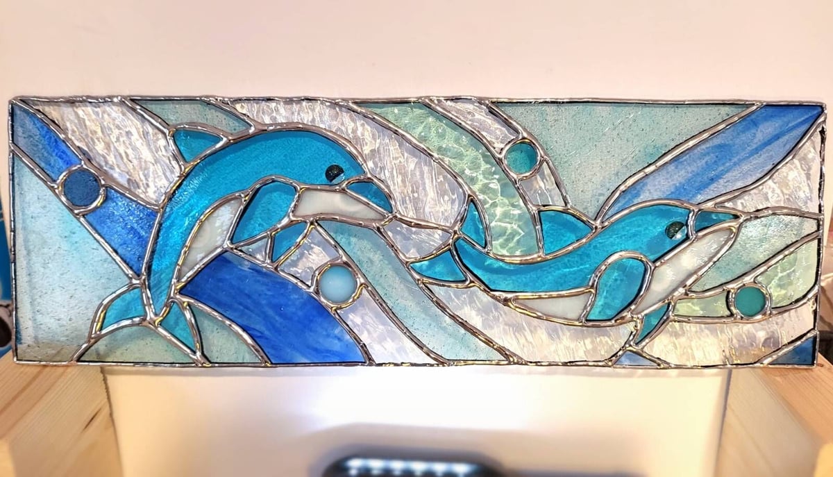 ステンドグラス パネル 立て掛け 「イルカのカップル ☆海のパネル