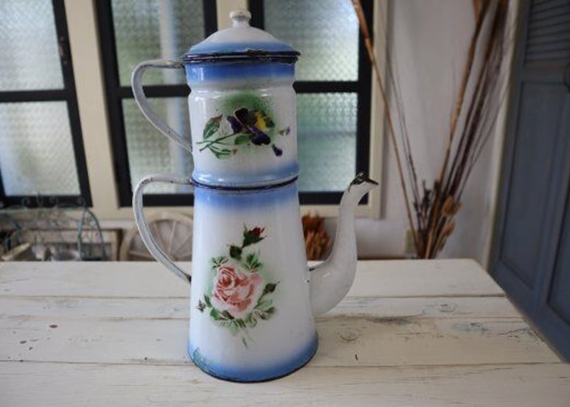 JAPY社アンティーク・ホーローポット2段（フラワー） | Antiquités et