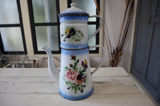 JAPY社アンティーク・ホーローポット2段（フラワー） | Antiquités et