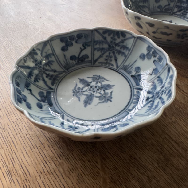 古伊万里 染付松竹梅文 輪花膾皿 渦福銘 2客セット | Kaikaroman