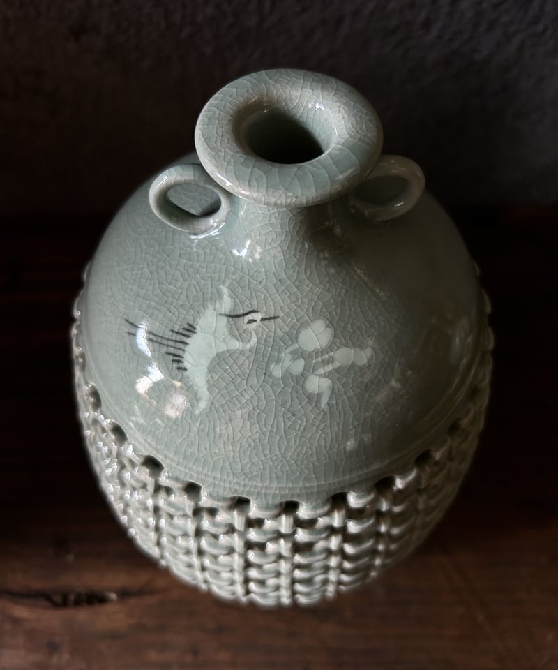 Bフライデー蔵出し特価 青磁 鶴模様 陶器 花瓶 作家物海剛作桐箱あり