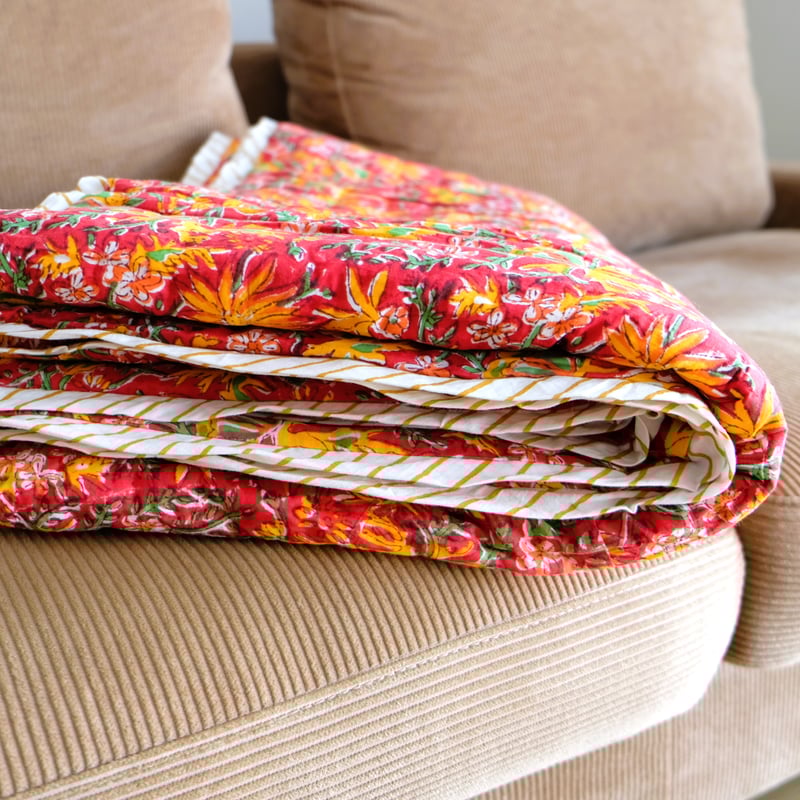 キルト ブランケット インド綿 ブロックプリント シングルサイズ